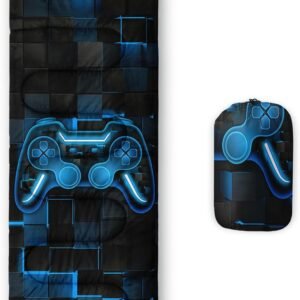 Gamepad Sleeping Bag,3 Season Warm and Cool Weather Game Console Sleeping Bag for Boys Teens,Waterproof Lightweight Geometry Hexagonal Sleeping Bag for Traveling,Outdoors Camping,Blue,Black