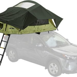 Universal Roof Top Tent: 2-person capacity, featuring storage pockets and a memory foam mattress with a removable cover; Green model.