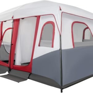 Instant Cabin Tents | 8-12 Person Camping Tents | 3 Room Family Tents | Pop Up Tents for Camping | 6 Large Mesh Windows | with Carry Bag | Red and Grey