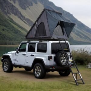 Hard-Shell Roof Top Tent: A 2–3 person aluminum hard-shell tent featuring tri-color LED lighting, a thickened mattress, and a single window; waterproof and windproof.
