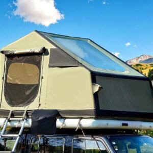 Inflatable Roof Top Tent: A multi-functional SUV roof tent featuring an inflatable mattress, dual TPU skylights, a telescopic ladder, and an extendable awning; constructed from fully matte-textured Oxford fabric; easy to install and ideal for camping.